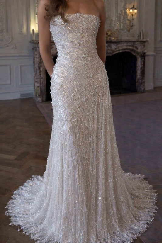 Fairytale Fantasy Art Wedding Dresses Mermaid Strapless White Pearls Long Brides Dress Bridal Gowns N2270
