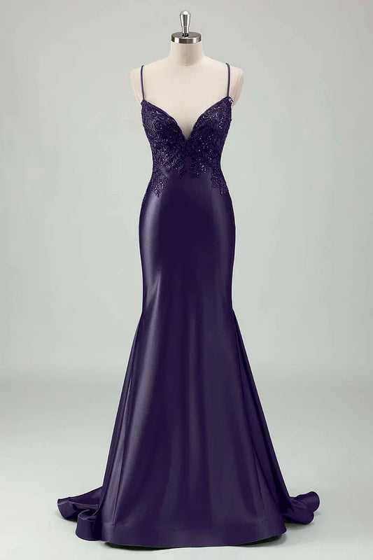 Glitter Mermaid Spaghetti Strap Dark Purple Long Prom Dresses Formal Party Dress Cocktail Maxi Evening Gowns AB1271
