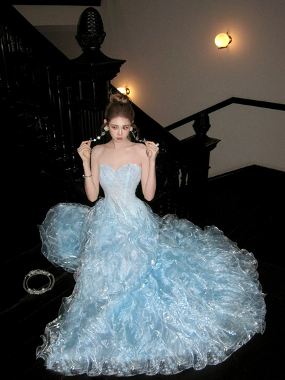 Modest Ball Gown Off The Shoulder Blue Organza With Long Cape Sleeves Tiered Layered Prom Dress Aesthetic Long Graduation Evening Outfits N054