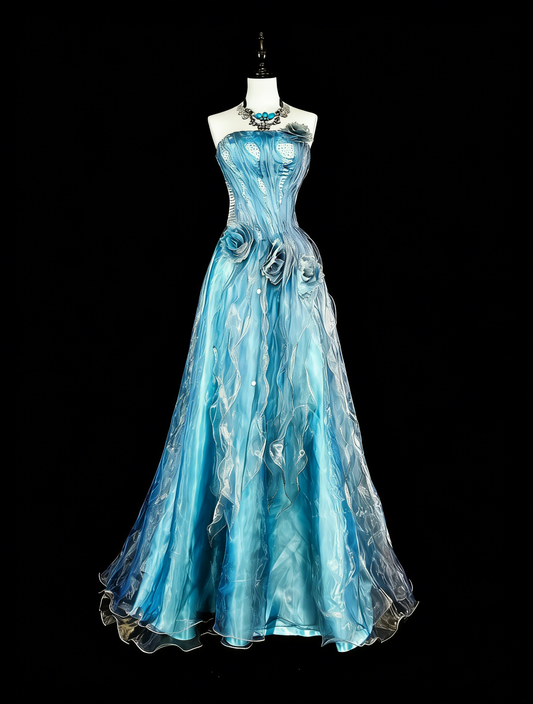 Vintage Prom Dresses Aesthetic A line Blue Tulle Beaded Classic Inspo Party Dress N2003