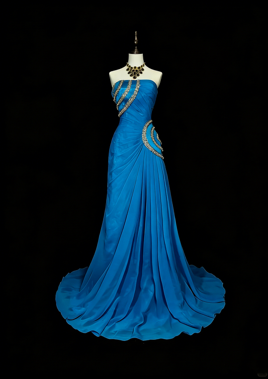 Vintage Mermaid Strapless Chiffon Blue With Beaded Long Summer Prom Dresses Spring Formal Party Dress N1423