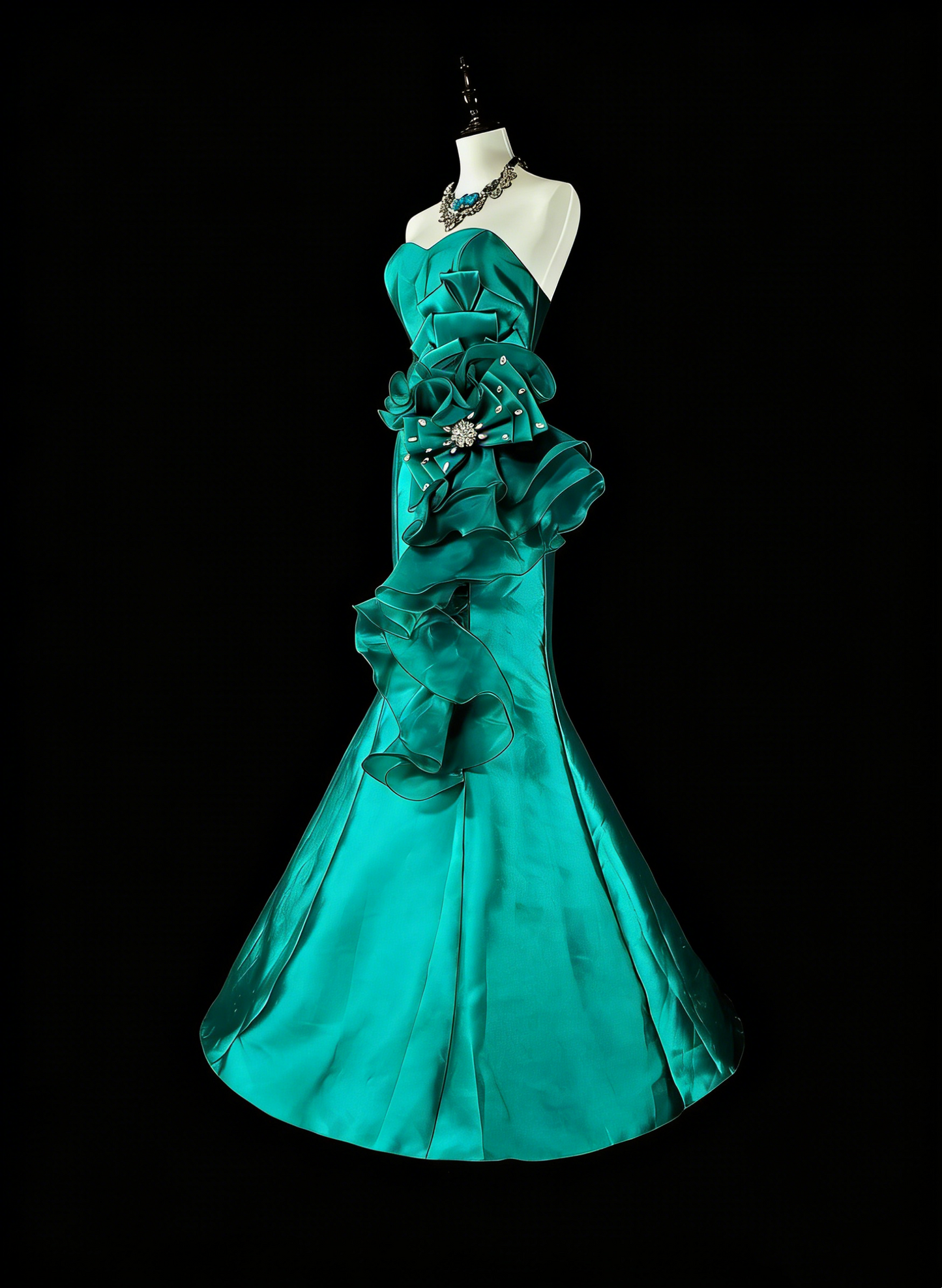 Vintage Mermaid Sweetheart Green 70s Satin Long Prom Gown Party Wear Dresses4 N1834