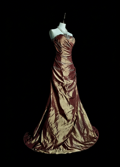 Vintage Mermaid Strapless Brown Beaded Sleeveless 80s Prom Dresses Long Formal Party Gown N1490