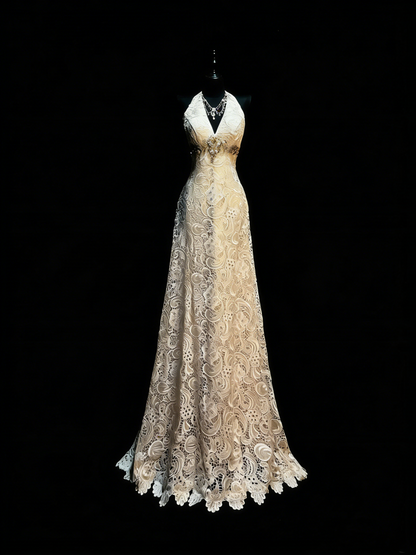 Modest A line V Neck Champagne Lace College Formal Outfit Long Prom Graduation Dresses For Teens N1187