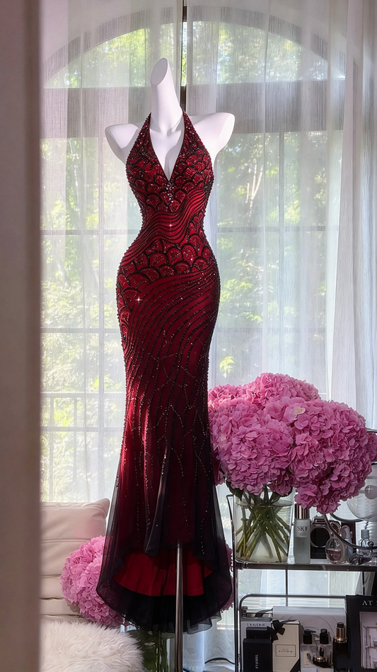 Sexy Mermaid Halter Burgundy Black Tulle Beaded Long Prom Dresses Inspo Party Gown RC1265