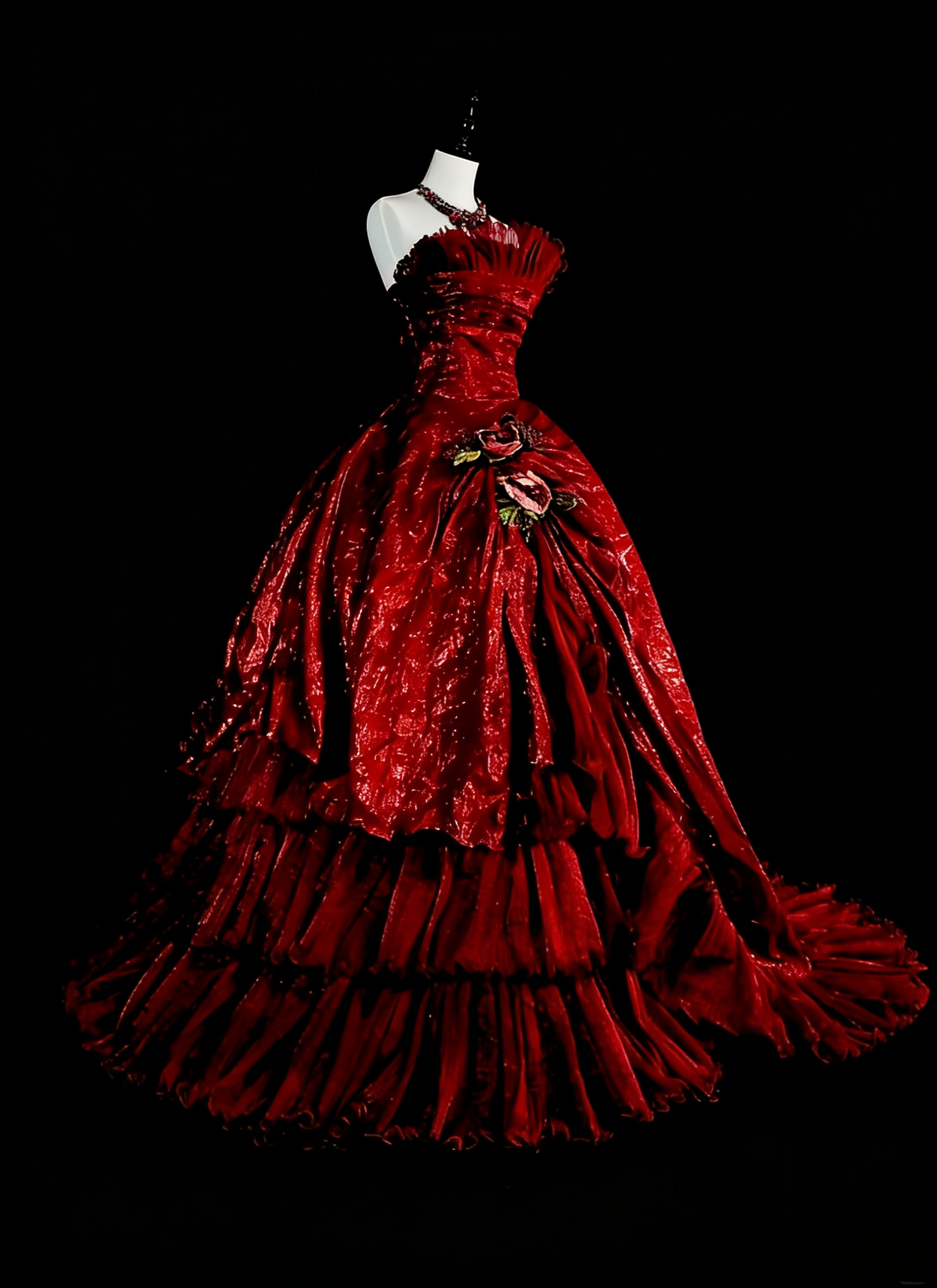 Vintage Prom Dresses Ball Gown Strapless Burgundy With Ruffle 1980s Long Formal Gown N2707