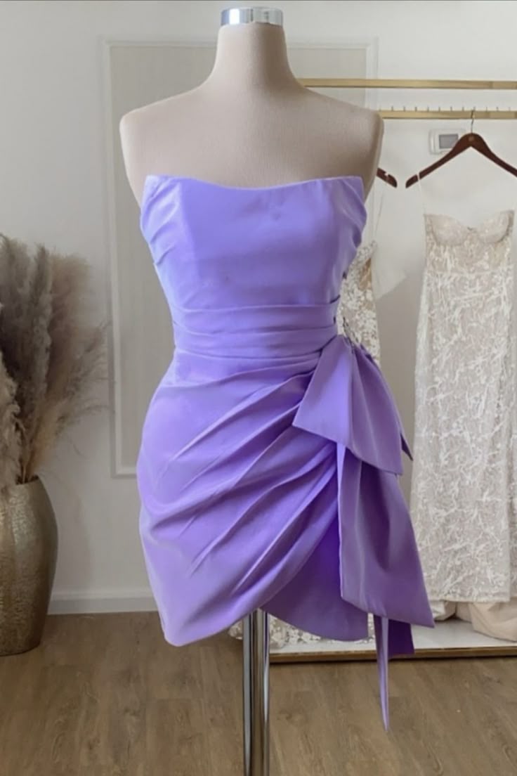 Modest Sheath Strapless Lilac Satin With Ruffles Senior 12th Grad Short Mini Aesthetic Homecoming Dresses RB4390