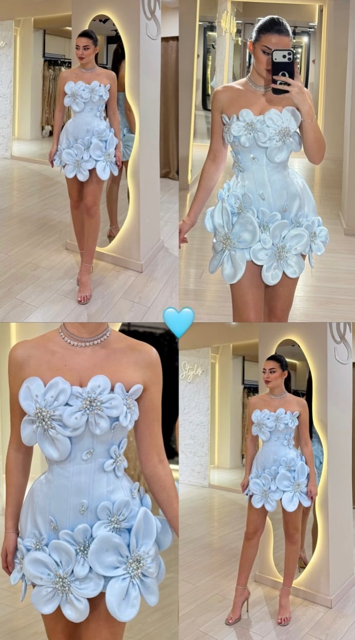 Whimsical Dream A Line Strapless Blue Satin Hoco Outftis inspo Short Homecoming Dresses 2026 RB6863