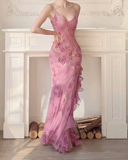 Vintage Mermaid Spaghetti Straps Pink Long Prom Dresses Inspiration Party Dress Prom Gown AB076
