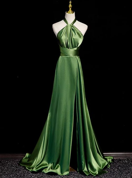 Simple A Line Halter Olive Green Satin Backless Long Prom Dresses Formal Party Dress Prom Gown AB1176