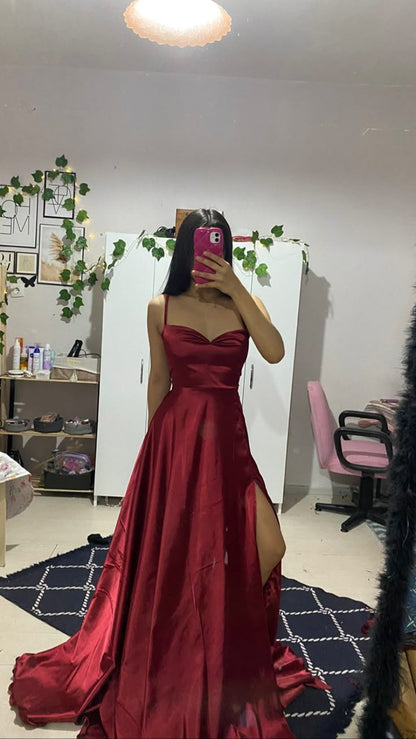 Modest A line Spaghetti Strap Burgundy Satin Slit Prom Dresses Sleeveless Long Formal Party Gown AB341