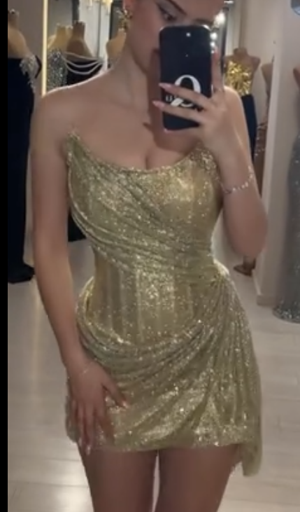 Sparkly Sheath Strapless Gold Sequined With Ruffled Sequin Sleeveless Mini Senior Inspo Short Homecoming Dresses N4748