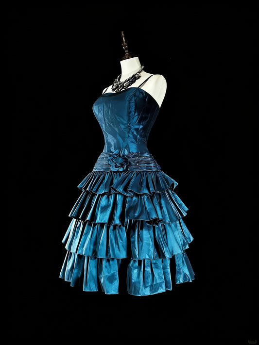 Vintage Ball Gown Spaghetti Strap Blue Short Inspo 2000s Hoco Gowns Inspo Homecoming Dresses N1613