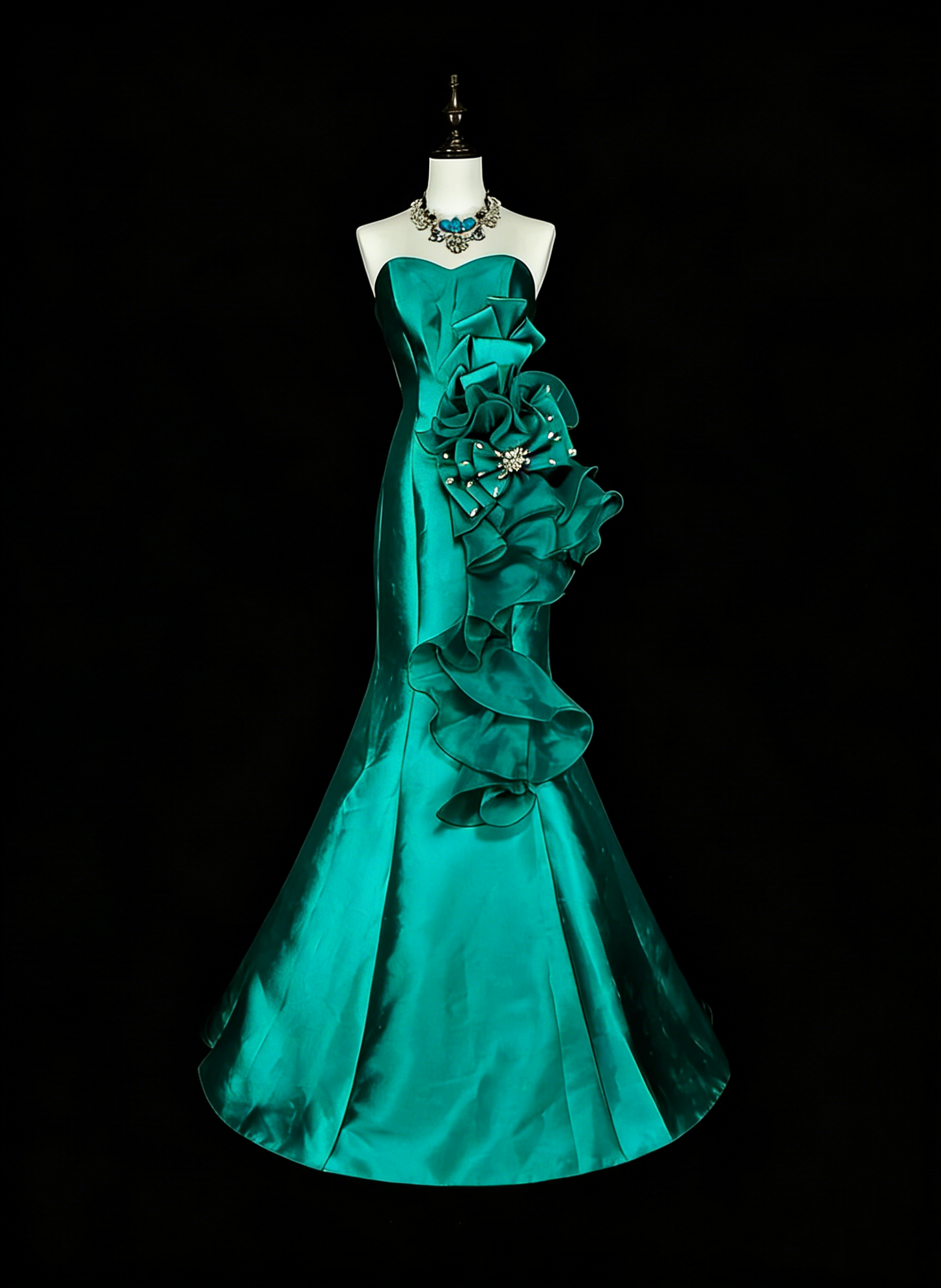Vintage Mermaid Sweetheart Green 70s Satin Long Prom Gown Party Wear Dresses4 N1834
