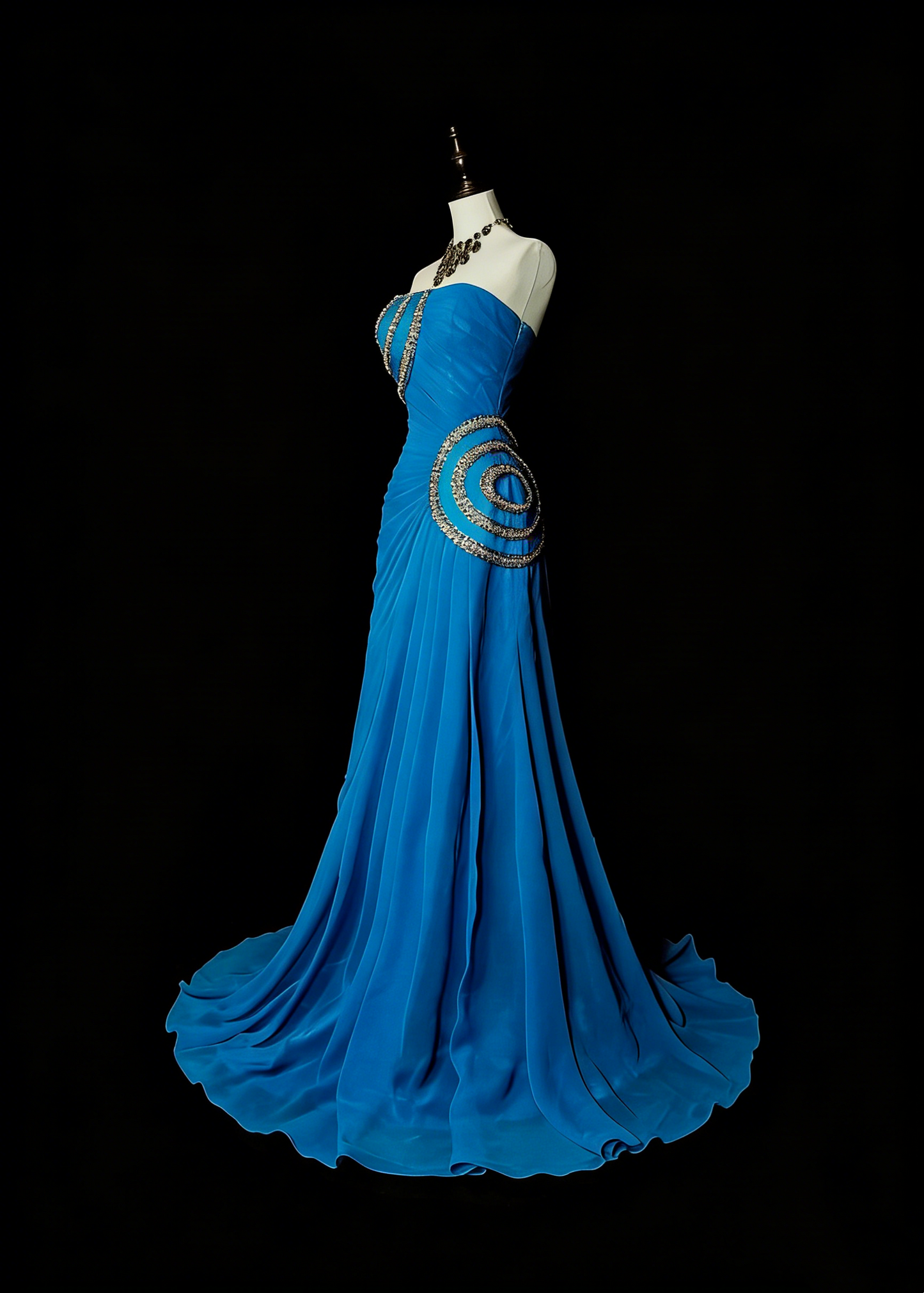 Vintage Mermaid Strapless Chiffon Blue With Beaded Long Summer Prom Dresses Spring Formal Party Dress N1423