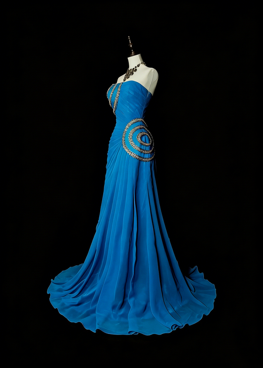 Vintage Mermaid Strapless Chiffon Blue With Beaded Long Summer Prom Dresses Spring Formal Party Dress N1423