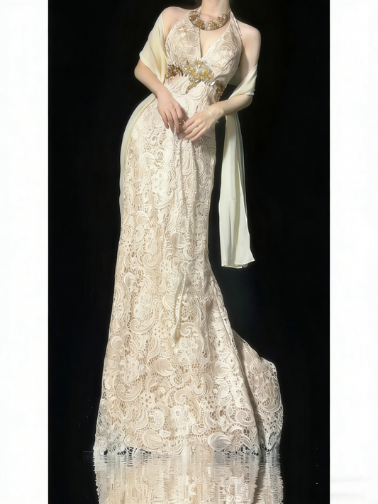 Modest A line V Neck Champagne Lace College Formal Outfit Long Prom Graduation Dresses For Teens N1187