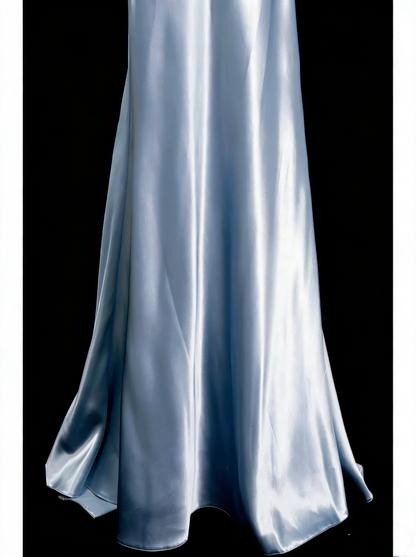 Vintage A line Halter Light Sky Blue Satin Sleeveless 80s Satin Prom Dresses Long Formal Party Gown N1446