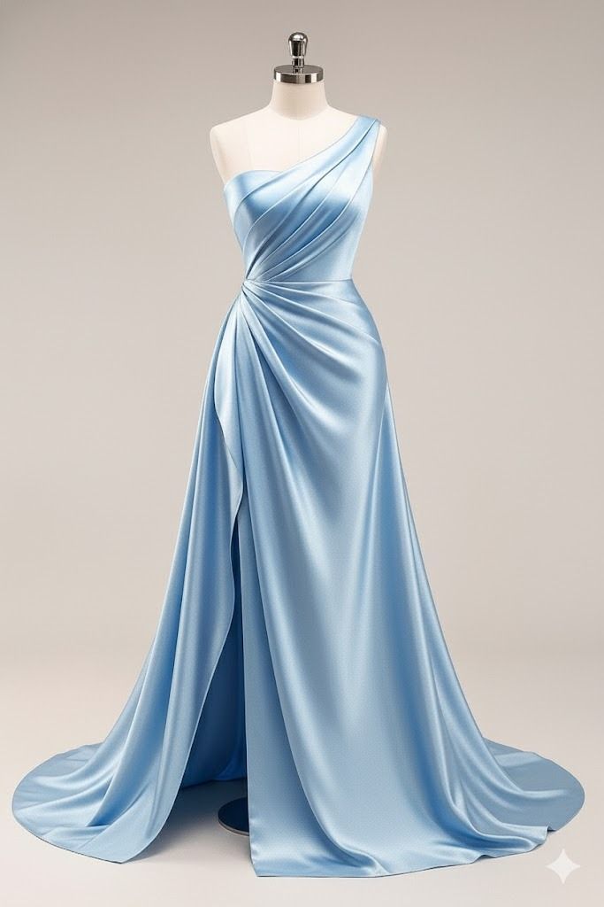 Elegant A Line One Shoulder Blue Satin With Slit Evening Women Party Dresses Long Formal Prom Dress 18th Birthday Gown AB1249