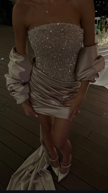 Trendy Sheath Strapless Satin Short Birthday Outfits With Cape Inspo Hoco Dress Ideas Homecoming Dresses RB4114