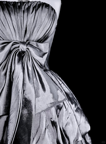 Vintage Ball Gown Strapless Silver Gray Taffeta Short Inspo 2000s Hoco Gowns Inspo Homecoming Dresses N1612