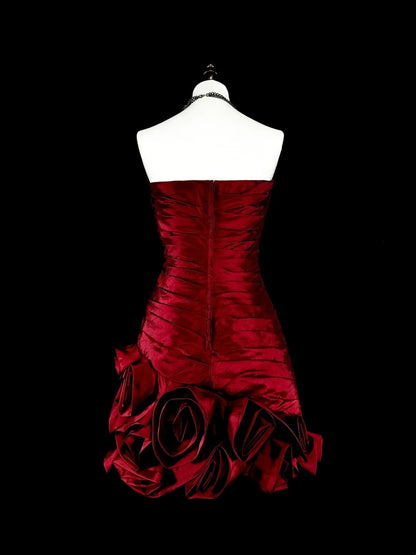 Cute Sheath Strapless Burgundy Satin Short Mini Homecoming Dresses N2380