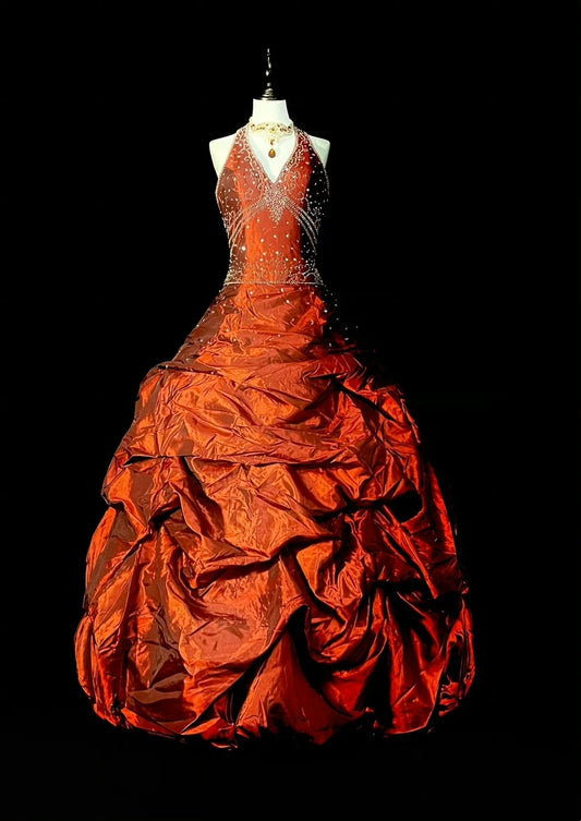 Princess Ball Gown Halter Taffeta Ruched Orange College Formal Outfit Prom Graduation Dresses For Teens N1366