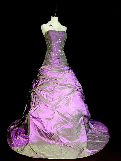 Modest Ball Gown Strapless Purple Taffeta 80s Long Prom Dresses Inspiration Party Gowns Vintage Formal Dress N1303