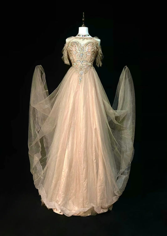 Modest A line Jewel Champagne Tulle With Beaded Bodice College Formal Outfit Long Prom Graduation Dresses For Teens N1301