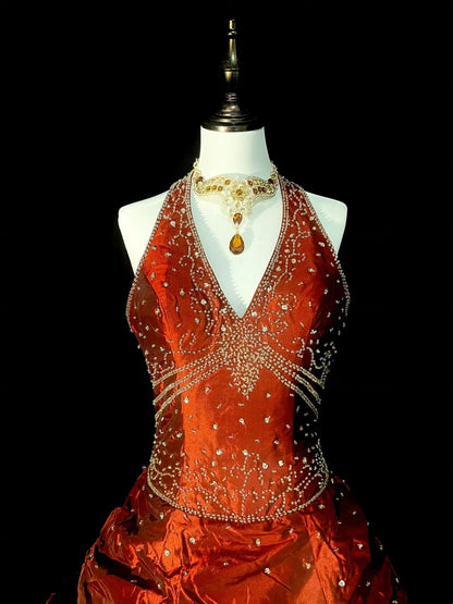 Princess Ball Gown Halter Taffeta Ruched Orange College Formal Outfit Prom Graduation Dresses For Teens N1366