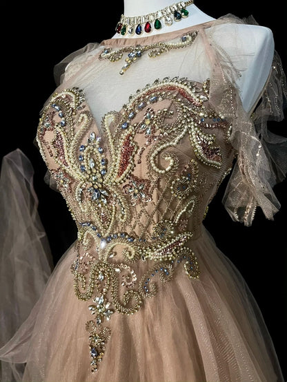 Modest A line Jewel Champagne Tulle With Beaded Bodice College Formal Outfit Long Prom Graduation Dresses For Teens N1301