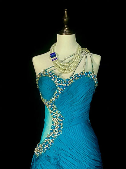 Vintage Mermaid One Shoulder Blue With Beaded 90s 2000s Senior Prom Dresses High School Long Formal Dress N1300