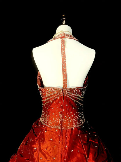 Princess Ball Gown Halter Taffeta Ruched Orange College Formal Outfit Prom Graduation Dresses For Teens N1366