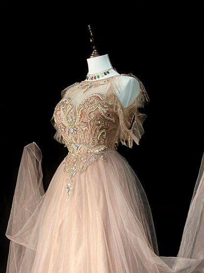 Modest A line Jewel Champagne Tulle With Beaded Bodice College Formal Outfit Long Prom Graduation Dresses For Teens N1301