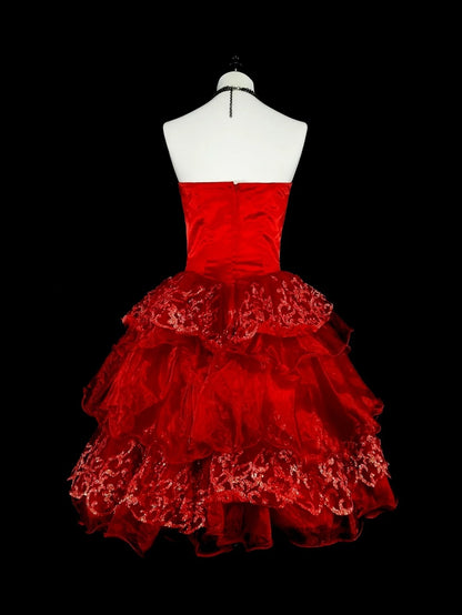 Unique Ball Gown Strapless Lace Red Inspo Vintage Fashion 2000s Hoco Gowns Short Inspo Homecoming Dresses N2012