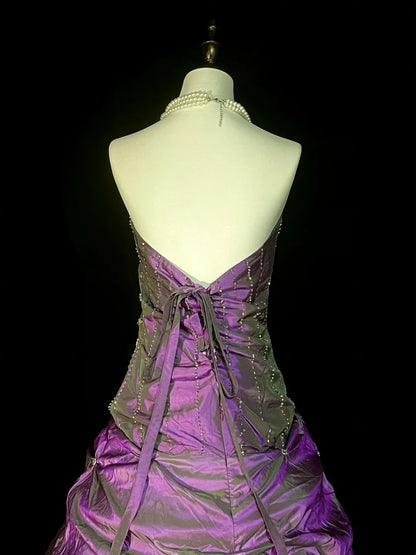 Modest Ball Gown Strapless Purple Taffeta 80s Long Prom Dresses Inspiration Party Gowns Vintage Formal Dress N1303