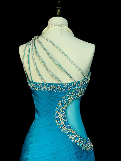 Vintage Mermaid One Shoulder Blue With Beaded 90s 2000s Senior Prom Dresses High School Long Formal Dress N1300
