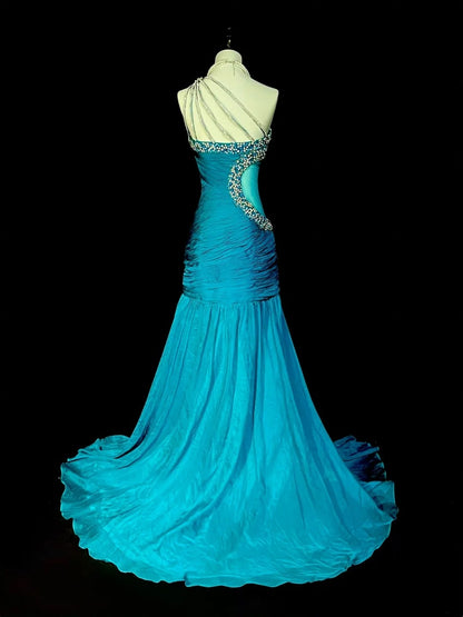 Vintage Mermaid One Shoulder Blue With Beaded 90s 2000s Senior Prom Dresses High School Long Formal Dress N1300