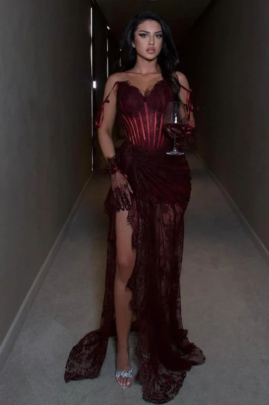 Elegant Mermaid Spaghetti Strap Burgundy Lace With Leg Slit Senior Teens Prom Dresses Evening Party Formal Gown 18th Birthday Gowns AB795