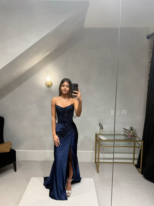 New Arrive Elegant Strapless Navy Blue Long Party Dress Prom Dresses Mermaid Bodycon For Women N4076