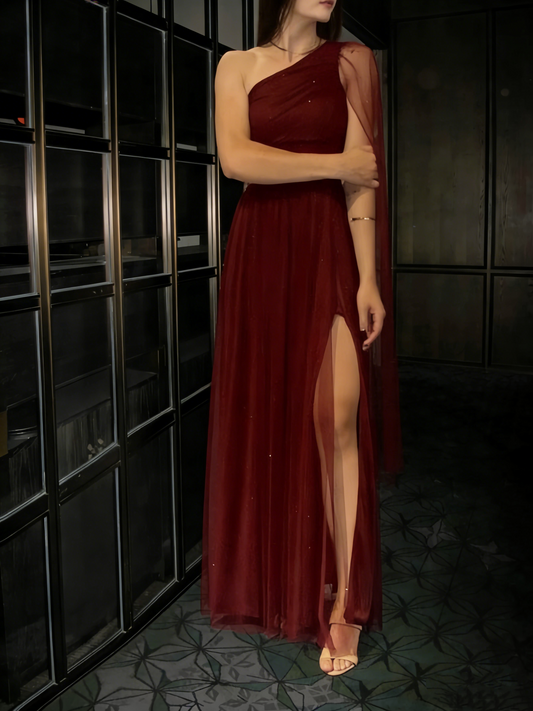 Simple Prom Dresses A line One Shoulder Burgundy Tulle With Slit Long Parties Gowns Evening Dress AB2184