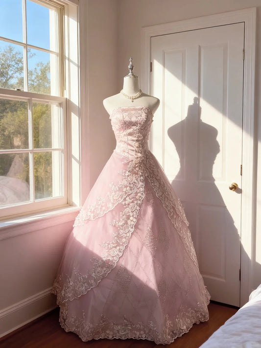 Elegant Ball Gown Strapless Pink Tulle Quince Dress Voluminous Long Sweet 16 Quinceanera Dresses Vestido de princesa RB4492