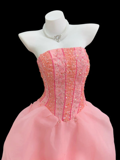 Vintage Prom Dresses 90s Formal Ball Gowns Strapless Pink With Beadings Long Party Gowns N4487