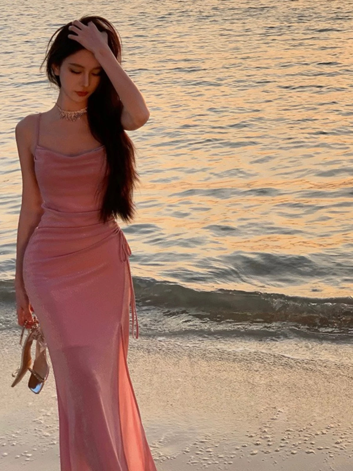 Modest Mermaid Spaghetti Strap Pink Sequin Evening Dresses Slit High School Teens Senior Night Dance Prom Outfits N016