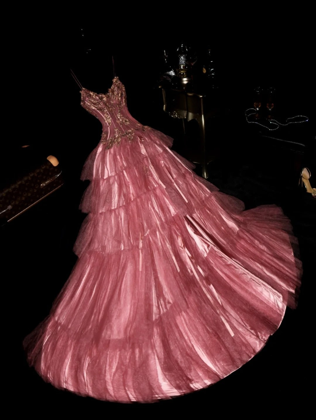 Glamorous Ball Gown Spaghetti Straps Pink Tulle With Beading Split School Dances Prom Dresses 8th Grade Formal Outfits Evening Dress RB8391