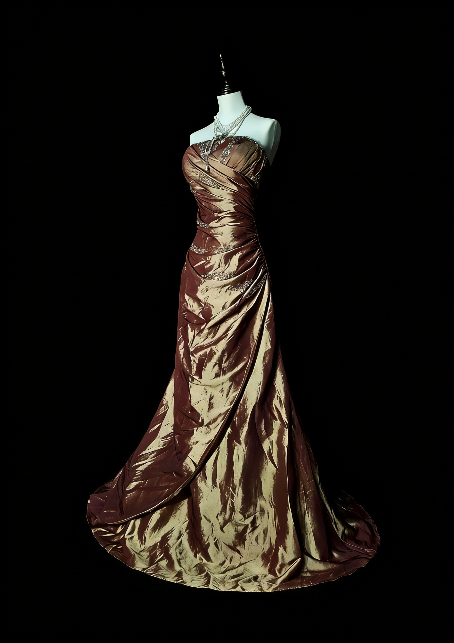 Vintage Mermaid Strapless Brown Beaded Sleeveless 80s Prom Dresses Long Formal Party Gown N1490