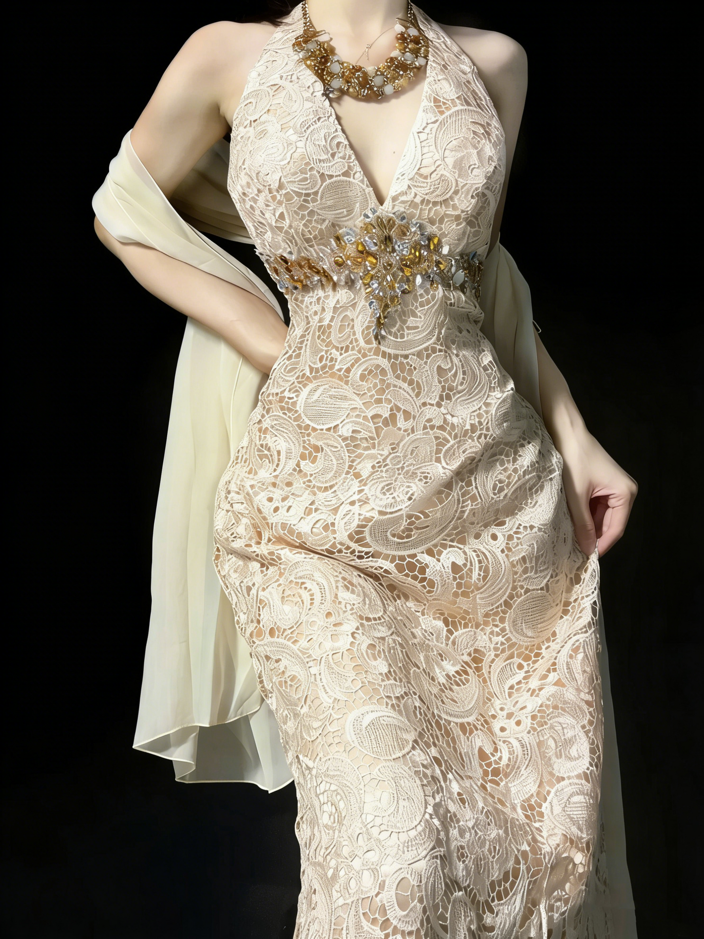 Modest A line V Neck Champagne Lace College Formal Outfit Long Prom Graduation Dresses For Teens N1187