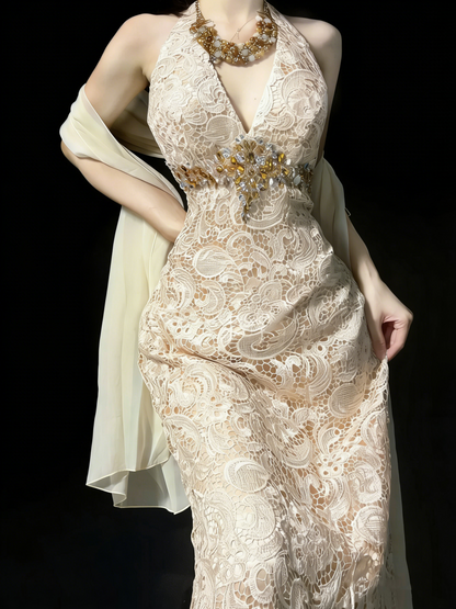 Modest A line V Neck Champagne Lace College Formal Outfit Long Prom Graduation Dresses For Teens N1187
