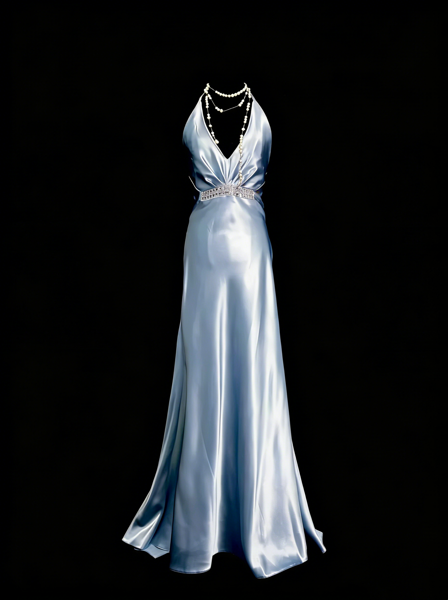 Vintage A line Halter Light Sky Blue Satin Sleeveless 80s Satin Prom Dresses Long Formal Party Gown N1446