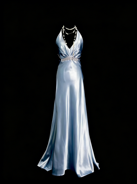 Vintage A line Halter Light Sky Blue Satin Sleeveless 80s Satin Prom Dresses Long Formal Party Gown N1446